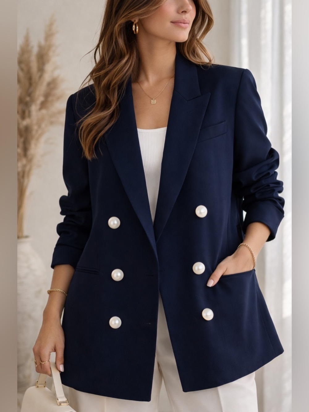 Zara Oversized Navy Double Breasted Blazer Pearl Button Chic Minimalist Small